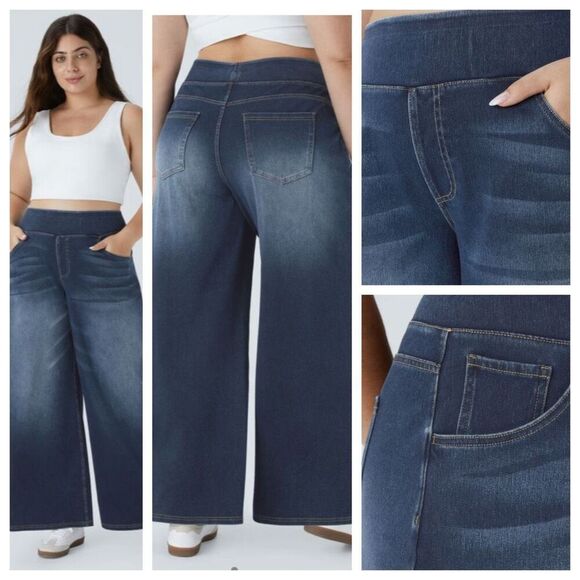 Halara Flex Denim Wide Leg Pants 3X Blue Stretch Athleisure Cropped Lightweight - Picture 2 of 7
